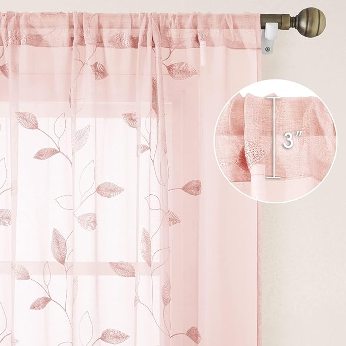 HOMEIDEAS Blush Pink Sheer Curtains 52 X 96 Inches Length 2 Panels Embroidered Leaf Pattern Pocket Faux Linen Floral Semi Sheer Voile Window Drapes for Bedroom Living Room