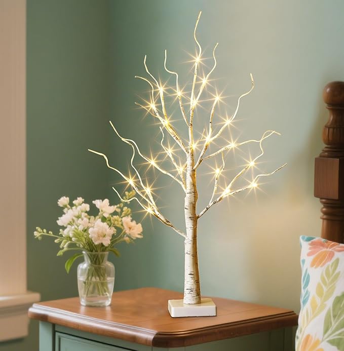 EAMBRITE Lighted Birch Tree Christmas Decorations for Home, White Birch Tree with Lights, 24 LED Lighted Mini Money Tree Twig Tree Battery Operated with Timer, Indoor Table Centerpiece Decor (2FT)