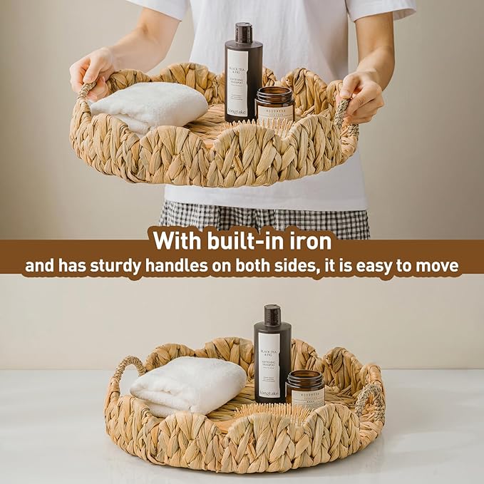 Round Wicker Scalloped Serving Tray with Handles - Seagrass Handwoven Trays,Water Hyacinth Tray for Home Decor and Living Room, Dining Table, Bathroom Organizing, 16.9" L x 16.9" W x 3.5" H