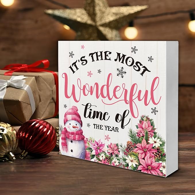 Indoor Christmas Decorations, It's the Most Wonderful Time of the Year Wooden Sign, Snowman Wooden Block Sign, Farmhouse Christmas Decor for Table Shelf 5 x 5 Inch