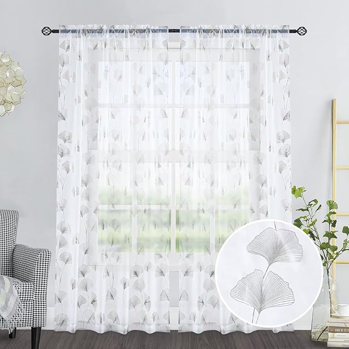 Silver Foil Print Sheer Curtains 96 inches Long, 2 Panels Ginkgo Bronzing Treatment Sheer Curtain, Rod Pocket Window Treatment Panels for Bedroom Living Room