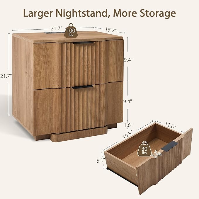Yechen Fluted Nightstand with 20W Fast Charging Station - Modern Farmhouse Wood Night Stand with 2 Storage Drawers, Large Wide Bedside End Table for Bedroom with Curved Profile Base, Natural Oak