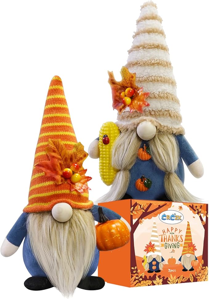 CRCZK Thanksgiving Gnome Decorations, 2Pack Handmade Fall Harvest Gnome Plush Swedish Gnomes Ornaments with Pumpkin Corn Maple Leaves Thanksgiving Gifts Autumn Holiday Home Decorations