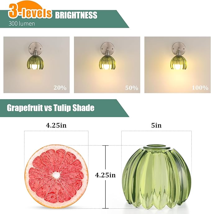 Battery Operated Wall Sconce with Cute Green Tulip Glass Lampshade Rechargeable Wireless Wall Light with Remote Control for Bedside Bedroom Doorway, Satin Nickel, Set of 2