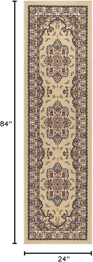 Antep Rugs Alfombras Oriental Traditional 2x7 Non-Skid (Non-Slip) Low Profile Pile Rubber Backing Indoor Runner Rugs (Beige, 2' x 7')