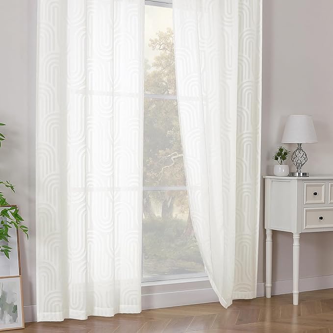 Simplebrand Sheer Ivory Curtains 72 Inches Long 2 Panels for Window, Geometric Mid Century Light Filtering Semi Sheer Curtains for Front Back Patio Glass Door with Rod Pocket, 42" Wx72 L