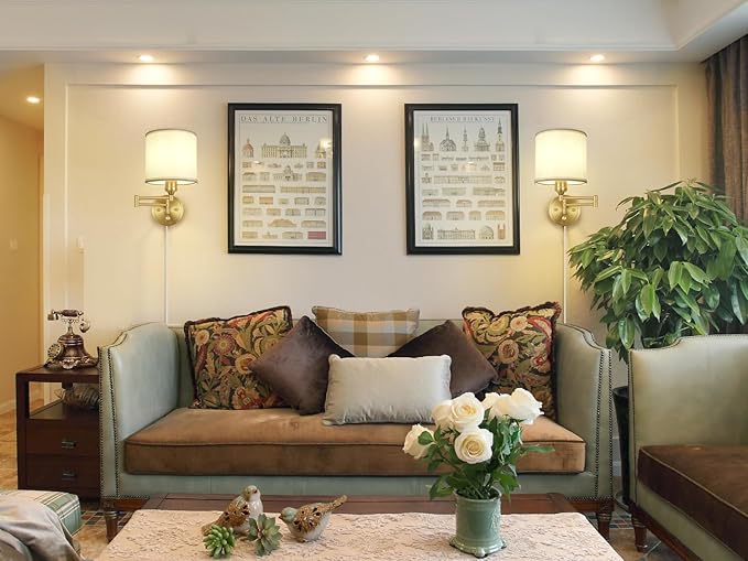 Plug in Wall Sconces with Remote Control, Dimming 10%-100% & Adjustable Colors 2700K-6500K, Hardwire or Plug-in, Swing Arm Wall Lamp with White Fabric Shade, Wall Sconces Set of Two, Gold Finish