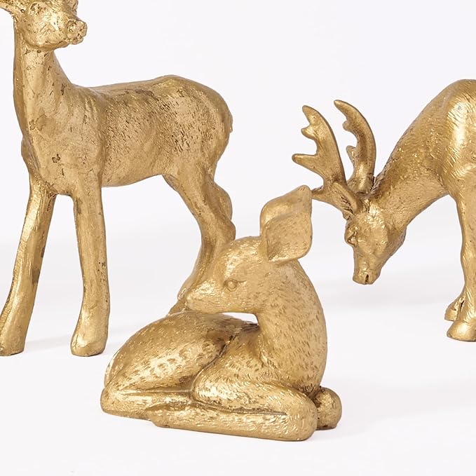 DN DECONATION Christmas Reindeer and Tree Decor – Set of 5 Gold Xmas Reindeer with Christmas Tree Statues – Vintage Resin Woodland Forest Animals Deers for Table Mantle, Indoor Winter Decor