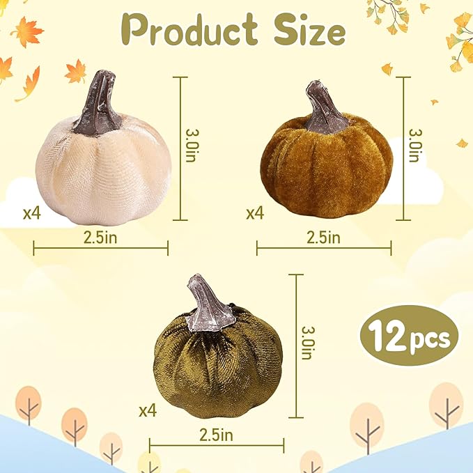12pcs Velvet Fake Pumpkins Fall Decor Faux Small Foam Fabric Pumpkin for Autumn Table Centerpiece Party Farmhouse Harvest Thanksgiving (Cream/Lime Green/Forest Green)