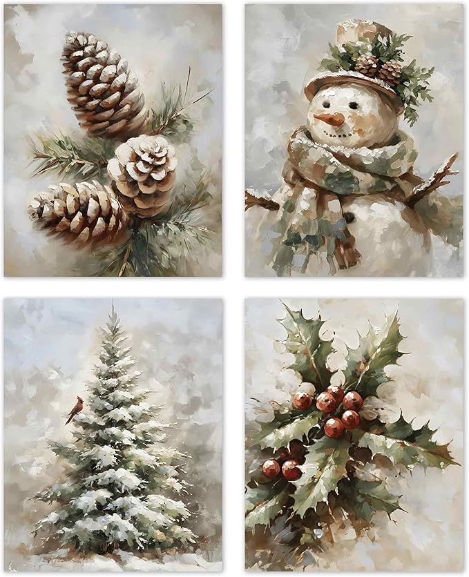 TLESKE Vintage Winter Christmas Posters Prints Unframed Set of 4, Pine Cones Snowman Cardinal Wall Art Prints Decor for Living Room Bedroom, Rustic Pine Tree Holly Berries Wall Pictures, 8x10 Inches