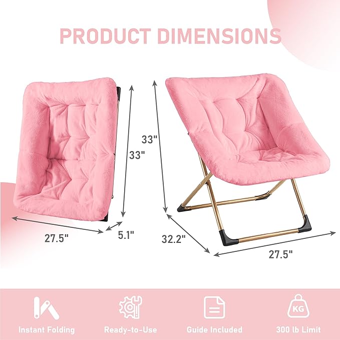 Comfy Oversized Saucer Chair, Soft Faux Fur Reading Lounge Chair for Adults, Stable X-Large Metal Frame and Non-Slip Pad, Foldable Cozy Chairs for Bedroom, Living Room, Dorm, Office, Pink