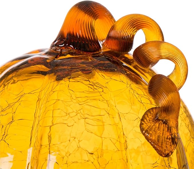 Glitzhome 6.69 Inch Amber Hand Blown Ornaments Crackle Glass Pumpkin for Fall Thanksgiving Halloween and Home Decor