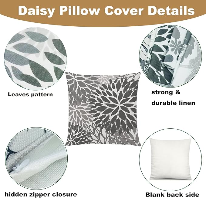 COMMINY Grey Pillow Covers 18x18 Set of 6 Decorative Daisy Flower Throw Pillow Cover for Couch Modern Cushion Cover for Patio Living Room Cushion Bed Farmhouse Home Decor