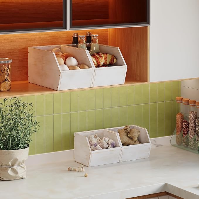 2 Set Bamboo Pantry Storage Bins Wood Stackable Baskets Potato and Onion Storage Bins Fruits Vegetable Bread Organization for Kitchen Counter