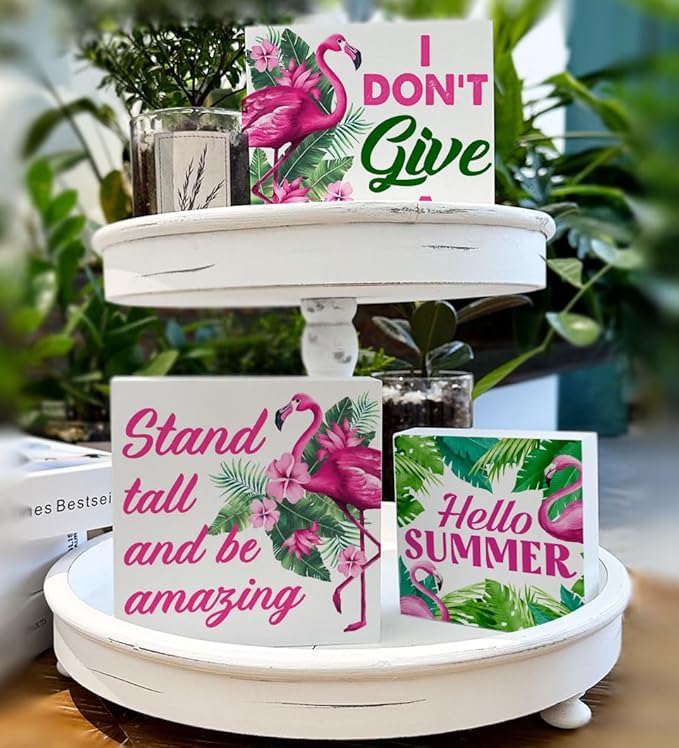 Summer Flamingo Decor for Home Flamingo Themed Tiered Tray Decor 3 Pcs Decorative Wood Box Signs Table Desk Shelf Decoration