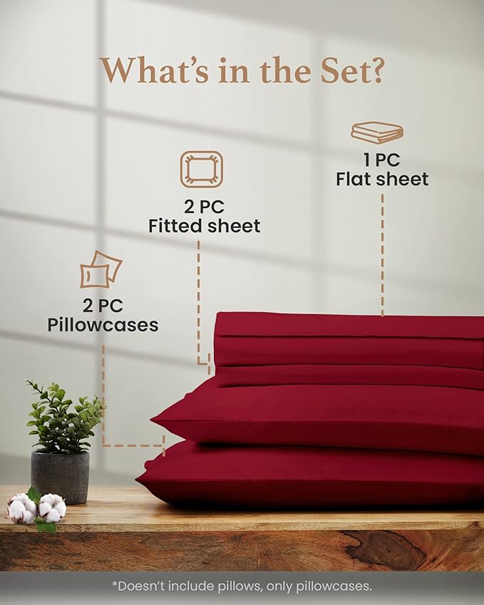 Good Sleep Bedding Split King Sheets Sets for Adjustable Bed Cotton, 1000 TC Egyptian Cotton Sheets, 5 Piece Cotton Split King Sheet Set, Sateen Sheets, 2 Fitted - 16" Deep Pocket, Burgundy