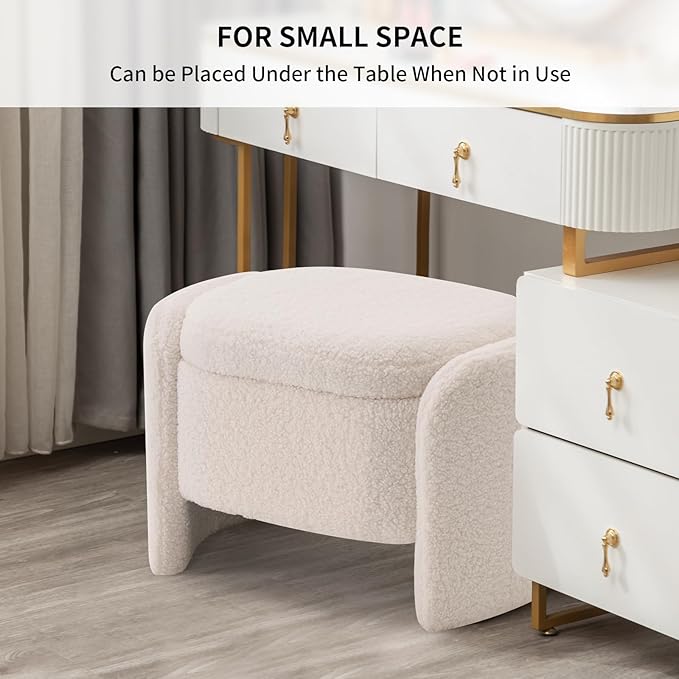 Storage Bench with Lamb Fleece Fabric, Vanity Stool Chair, Upholstered Ottoman with Small Hidden Storage for Bedroom, Living Room, Entryway, No Assembly Required, Beige
