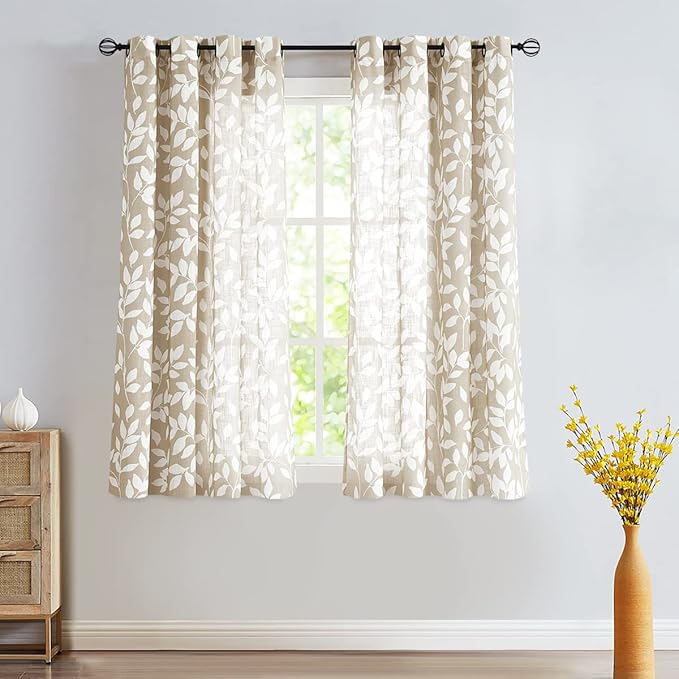 Print Semi Sheer Leaf Curtains for Living Room 52" x 54" White and Taupe Curtain Panels for Windows, 2 Pack, Taupe, Grommet Top