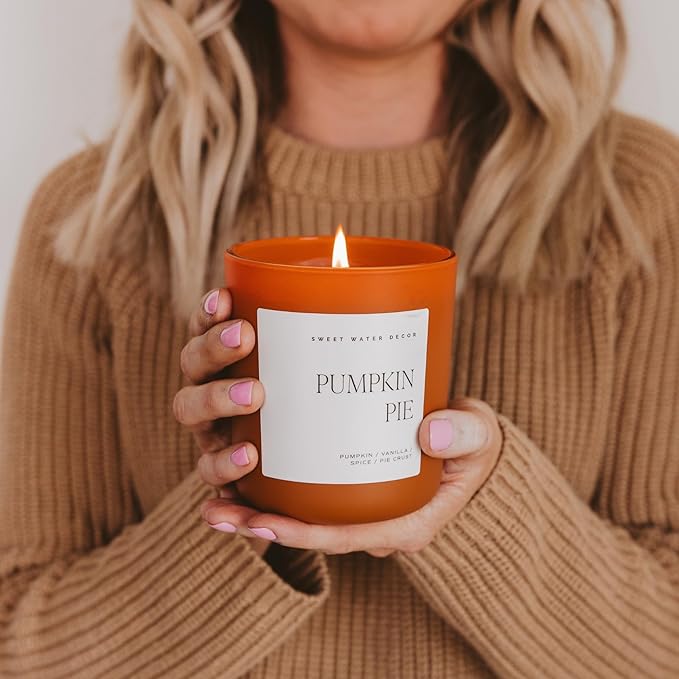Sweet Water Decor Pumpkin Candle - Pumpkin Pie Scented Fall Candle, 15oz Orange Matte Jar for Fall Decor - Soy Candle Wax with 70 Hour Burn Time
