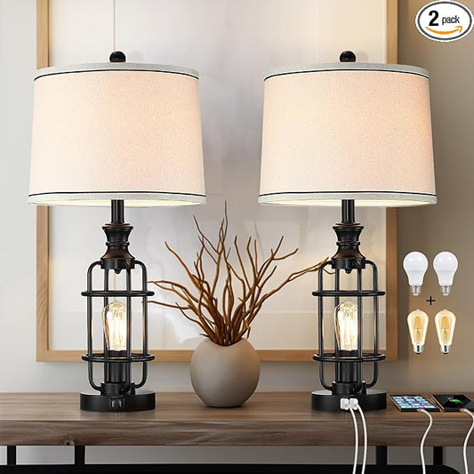 26.3”Table Lamps Set of 2 with USB Charging Ports,Farmhouse Bedside Nightstand Lamp with Rotary Switch,Rustic Reading Lamps Industrial Desk Lamps for Bedroom Living Room,Bulbs Included