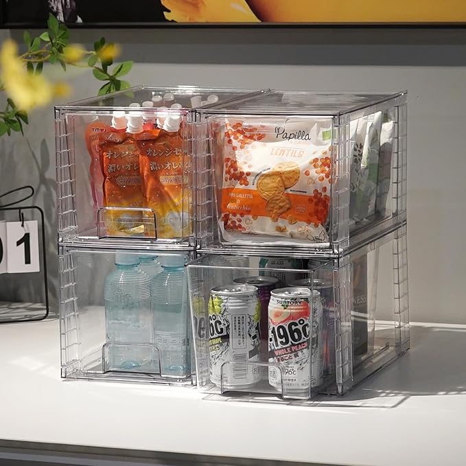 1Pack Large Stackable Kitchen Storage Drawers, Clear Foods Organizer Bins with Handles, Easily Assemble for Bathroom, Kitchen, Pantry, Cabinet, Closet(XL-Down Handle)