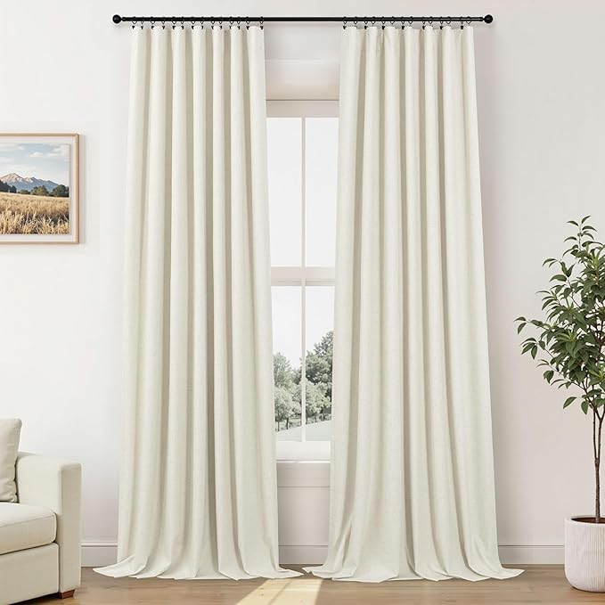 100% Blackout Thermal Curtains 98 Length 2 Panels Set for Bedroom Closet Room Divider Faux Linen Windows Rod Pocket Pleated Drapes Modern Farmhouse Living Room Darkening Curtains 98 Inches Long Cream