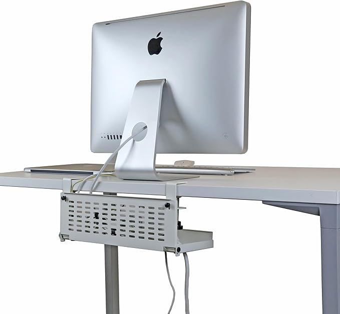 AEONS Universal Under Desk Cable Management Tray-Clamp Mount Hinged Swing Modesty Panel Organizer for Office Desks Easy Access Flip-Down position Power Strip Cord Storage No-Drill 25 lb Capacity White