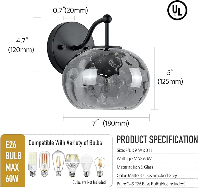Matte Black Wall Sconce Light Smoked Hammered Glass Vanity Lighting Modern Grey Shade Wall Lamp for Bathroom Over Mirror