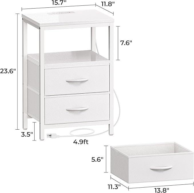 Huuger Nightstand with Charging Station, Side Table with 2 Fabric Drawers, End Table with Open Shelf, Bedside Table with USB-C Port and Outlets, Night Stand, PU Leather, White