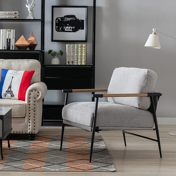 DUOMAY Mid-Century Modern Accent Chair Armchair, Soft Linen Fabric Sofa Lounge Chair Reading Chair with Metal Leg for Living Room Bedroom Office, Grey