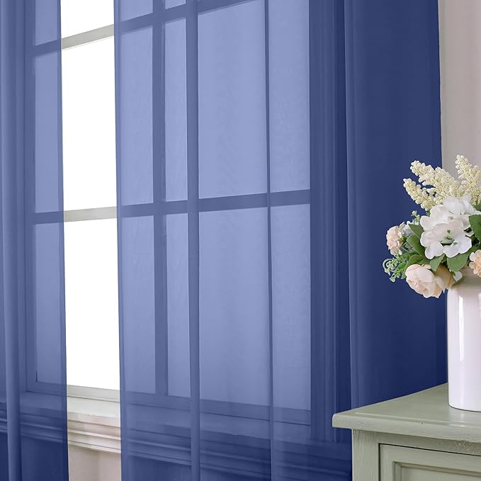 Aiyufeng Royal Blue Sheer Curtains 63 Inch Length 2 Panels Set, Semi Transparent Voile Dark Blue Sheer Window Drapes for Bedroom Bed Canopy Living Room Dining Wedding Party Backdrop, 40W x 63L inch
