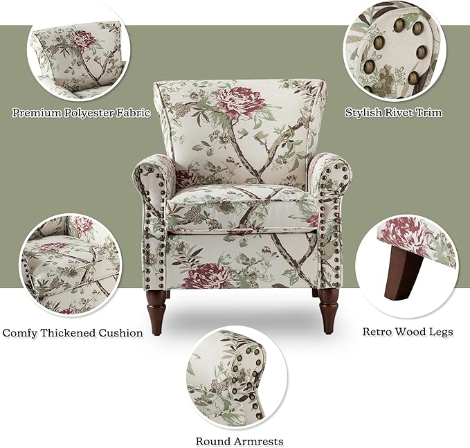 HULALA HOME Modern Wingback Accent Chair with Wood Legs & Removable Cushion, Comfy Upholstered Armchair with Nailhead Trim, Floral Pattern Sofa Chair for Bedroom Living Room, Floral