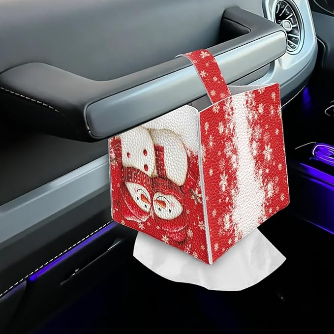 Cute Snowman Tissue Box Holder Square PU Leather Tissues Cube Box Cover Christmas Modern Decorative Facial Napkin Holder Case for Car Kitchen Bedroom Bathroom