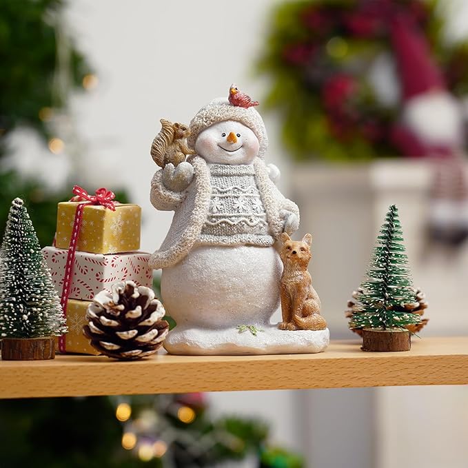 Christmas Snowman Decorations Indoor Figurines Glowing Knitting Design Gift Decor, Animated Xmas Home Ornament, Holiday Presents White & Blue with Animals Snow Buddies - White