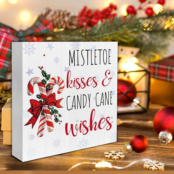 Rustic Christmas Decorations, Candy Cane Wooden Sign Home Decor, Mistletoe Wooden Block Sign, Christmas Decor for Table Shelf 5 x 5 Inch
