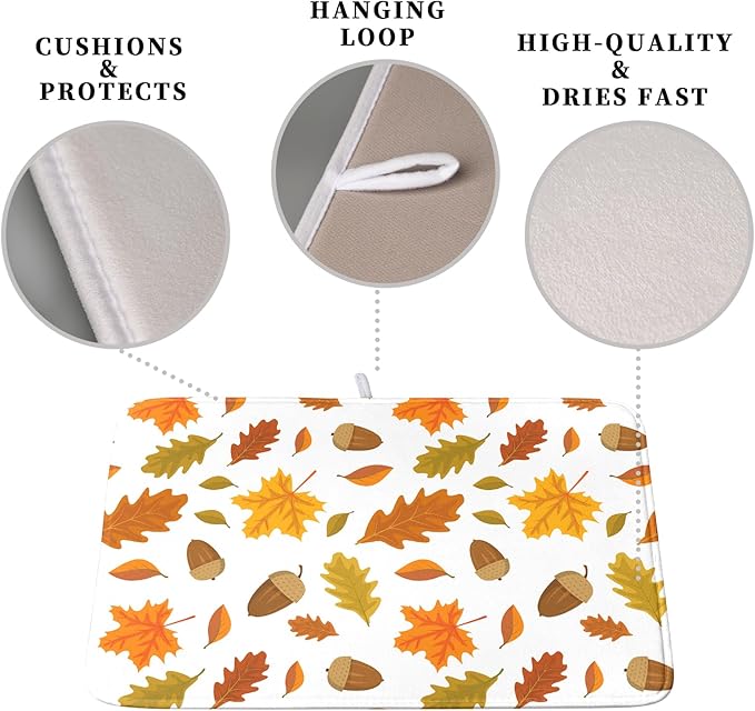 Fall Leaves Dish Drainer Mat - Absorbent Drying Mat for Counter - 18x24 Inch, Orange Maple Leaf Pattern