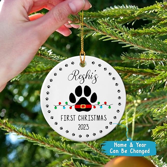 Pet Dog Cat First Christmas Ornament 2025, Personalized Puppy Pawprint Ceramic Ornament, Puppy 1st Christmas Keepsake Gifts for Dog Owners, Custom Pet Dog Cat Name & Year, My Fur Baby's 1st Christmas