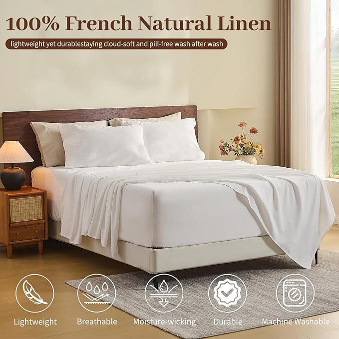 MEISHANG 100% French Pure Linen Sheets King Size - 6 PC Extra Deep Pocket Sheet Set, Soft Durable Flax Linen, Anti-Tear Breathable & Oeko-Tex Certified 18-24 Deep Pocket,All Season(White)