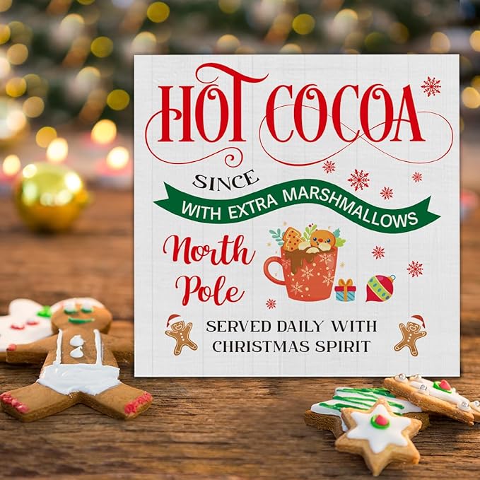 Christmas Decorations Indoor Home Decor, Hot Cocoa Wooden Sign, Gingerbread Wooden Block Sign, Christmas Decor for Table Shelf 5 x 5 Inch
