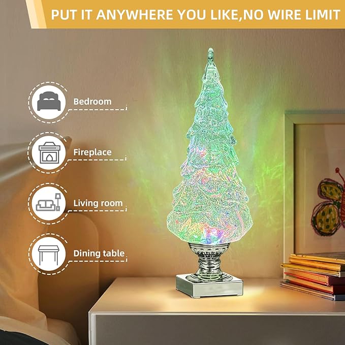 1PC Lighted Christmas Tree,13.9 Inch Tabletop Christmas Tree Lamp, Colorful Lighted Swirling Snow Glitter Tree-Timer- Top Star-Light up Valentines/Christmas Decorations