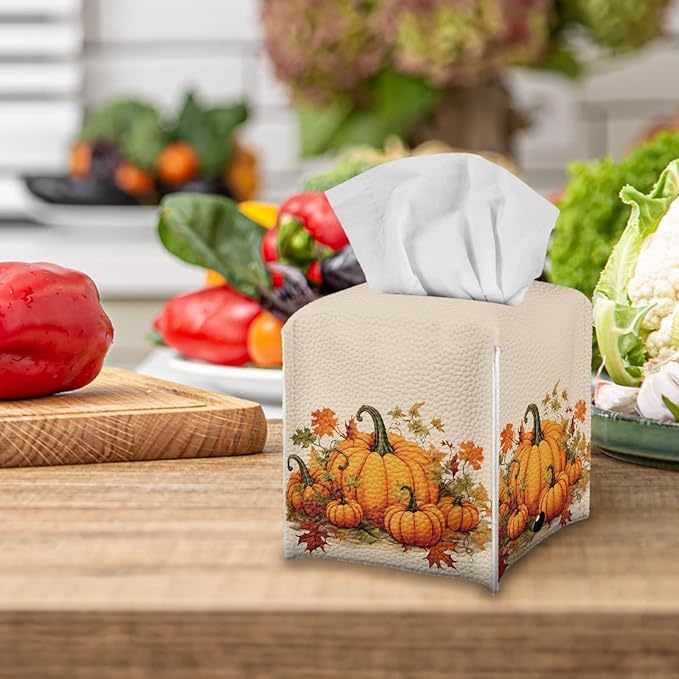 Pumpkin Maple Leaf Square Tissue Box Cover Thanksgiving Desk Decor for Home Office Car, Pu Leather Tissues Cube Boxes Holder Bedroom/Bathroom/Kitchen Facial Napkin Holder Storage