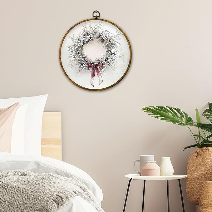 QZQE Vintage Christmas Wreath Round Wall Art Decor Framed, Winter Snowy Country Circle Canvas Prints, Cozy Xmas Winter Holiday Circular Wall Hanging Decor for Home Bedroom Living Room, 10x10 Inch