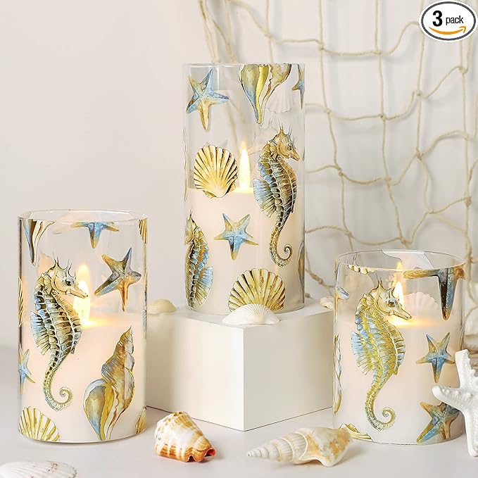 Flameless Candles x3 with Set Remote Christmas Bronzing Glass Golden Seahorse Shell Starfish Ocean Timer 24hrs-Cycled Home Decor Gift Wedding Party Room Table Centerpieces