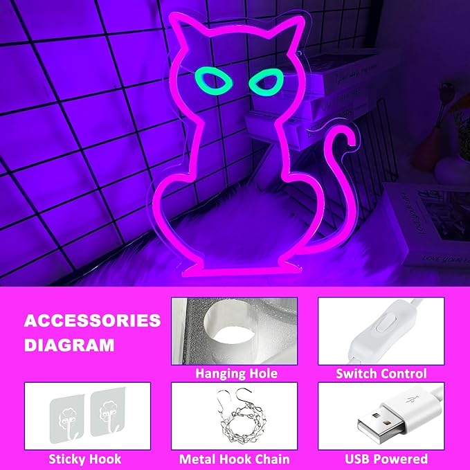 Cat Neon Signs for Wall Decor, Purple Cat LED Neon Sign USB Powered, Halloween Cat LED Light Table Decoration for Bar, Christmas, Wedding, Birthday Party