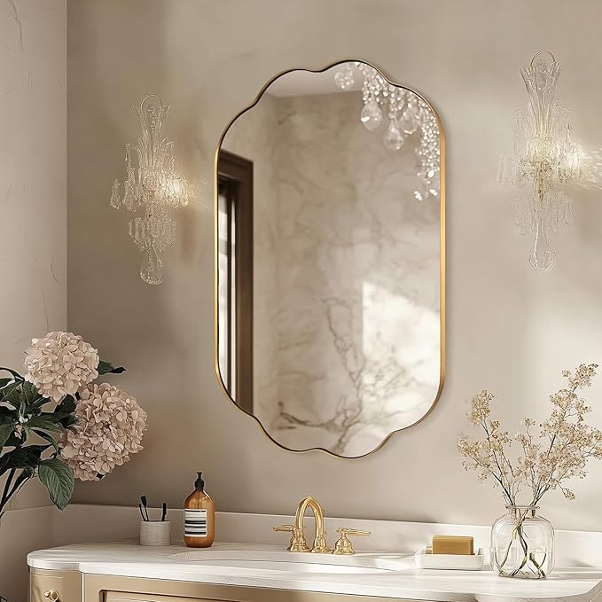 ANDY STAR Scalloped Bathroom Mirror, 24x36 Inch Brushed Gold Vanity Mirror in Stainless Steel Metal Frame, Unique Oval Mirror with Modern Curved Edge Design, Ideal for Bathroom, Bedroom, Entryway
