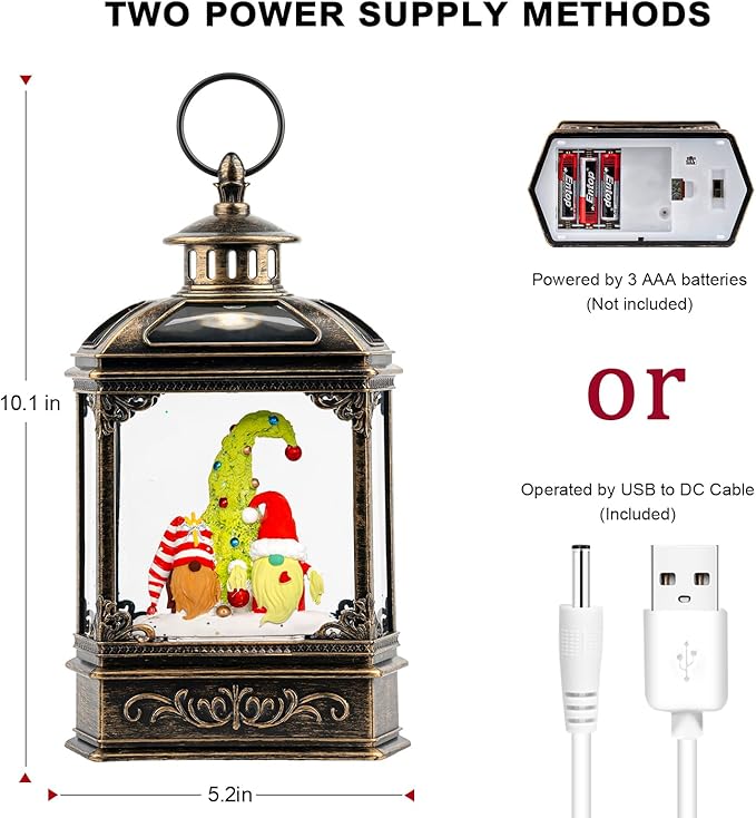 Musical Snow Globe Lantern Lighted Christmas Gnomes Santa Elf Snow Water Lantern with Swirling Glittering Home Decoration and Gift, Battery Operated or USB Powered