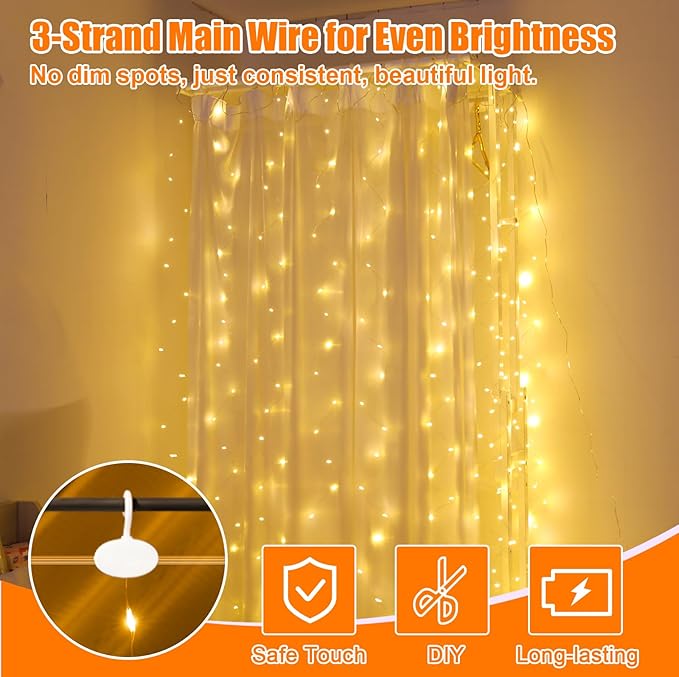 600LED Curtain Lights for Bedroom, 19.6ft x 9.8ft Fairy Curtain String Light with 24 Hooks, 8 Modes Hanging Lights for Wedding, Party, Backdrop, Window, Xmas Decor, Warm White