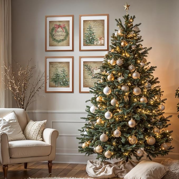 ETVISO Vintage Christmas Wall Art Prints Set of 4, Retro Christmas Trees Garland Poster, Winter Holidays Gift Print Decor for Gallery, Living Room, Bathroom, 8x10 (Unframed)