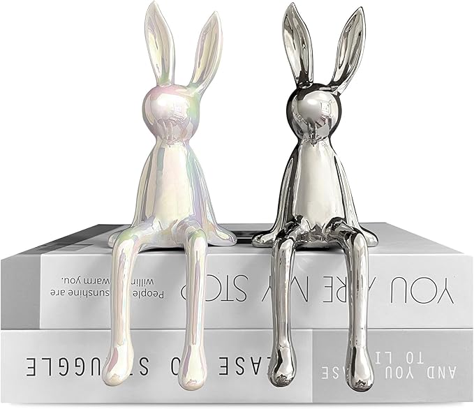 2-Piece Rabbit Decor Sculptures - Home, Office, Living Room, Bedroom - Accents, Decorations, Figurines - Small Statues for Bookshelf, Desk - Ideal Gifts (Silver, White)