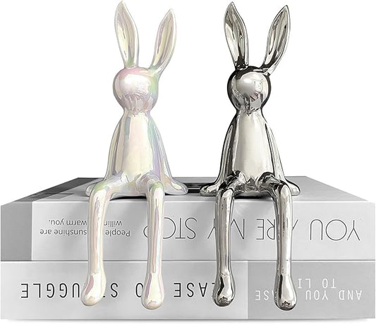 2-Piece Rabbit Decor Sculptures - Home, Office, Living Room, Bedroom - Accents, Decorations, Figurines - Small Statues for Bookshelf, Desk - Ideal Gifts (Silver, White)